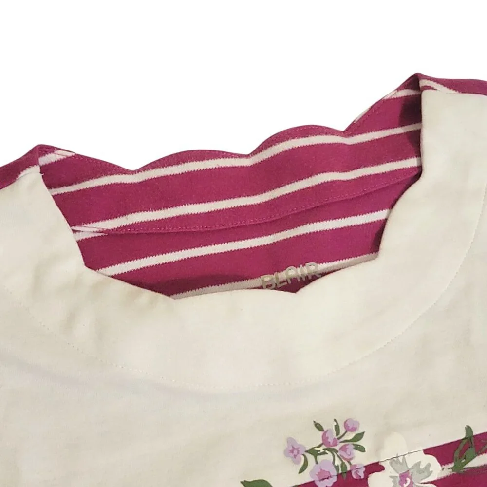 Blair Womens Small Striped Floral Tunic Top 3/4 Sleeves Burgundy & White Cotton - Picture 6 of 13